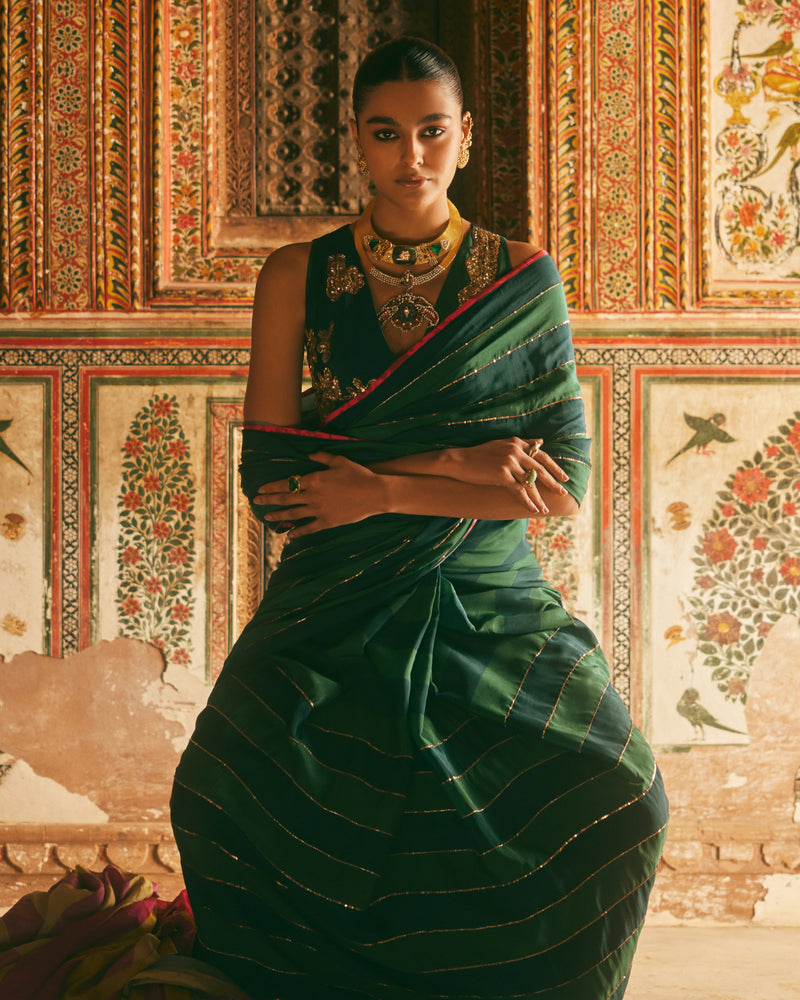 Khel Teal Green Stripe Saree With Waistcoat Blouse by Rajiramniq in green color for women in Singapore