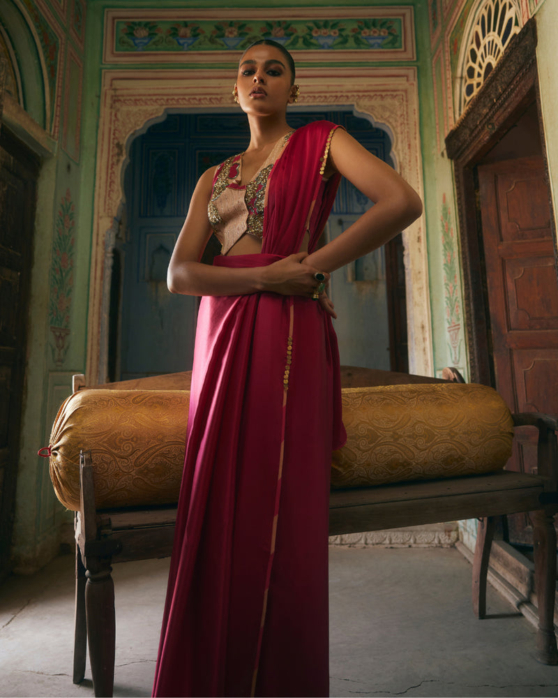 Khel Ruby Red Saree satin by Rajiramniq in red color for women in Singapore