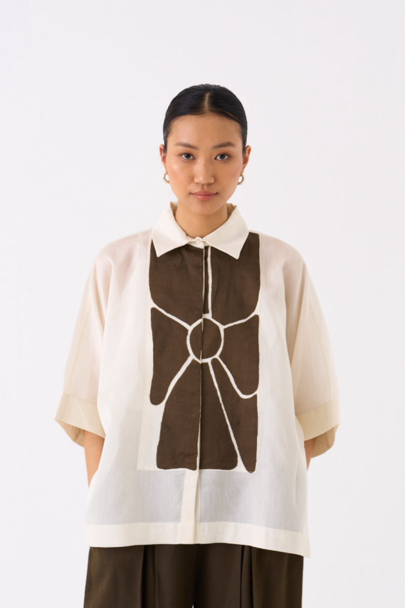 FLORAL APPLIQUE SHIRT-IVORY chanderi by THREE in ivory color for women in Singapore
