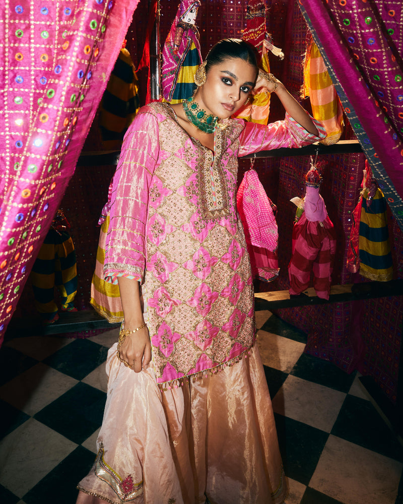 Khel Hot Pink Gharara Set silk by Rajiramniq in multi color for women in Singapore