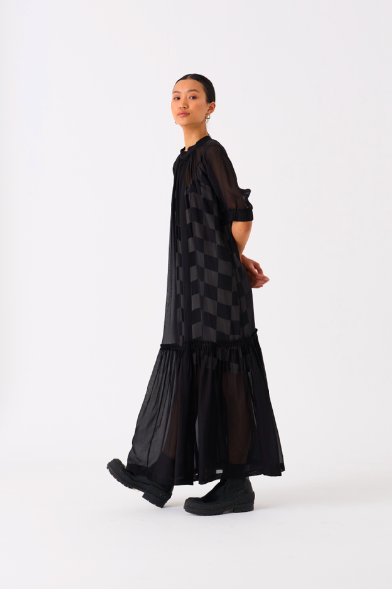 SHEER BOTTOM FRILL DRESS
-BLACK organza by THREE in black color for women in Singapore