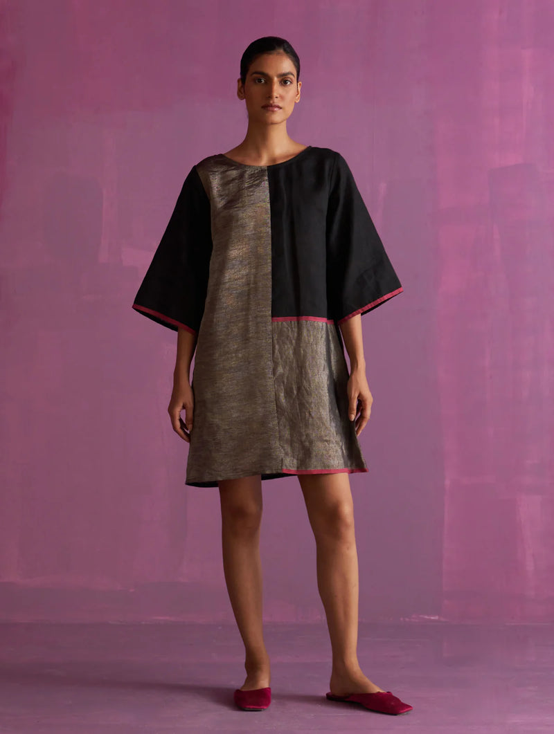 Ahana Metallic Linen Dress linen by Manan in black color for women in Singapore