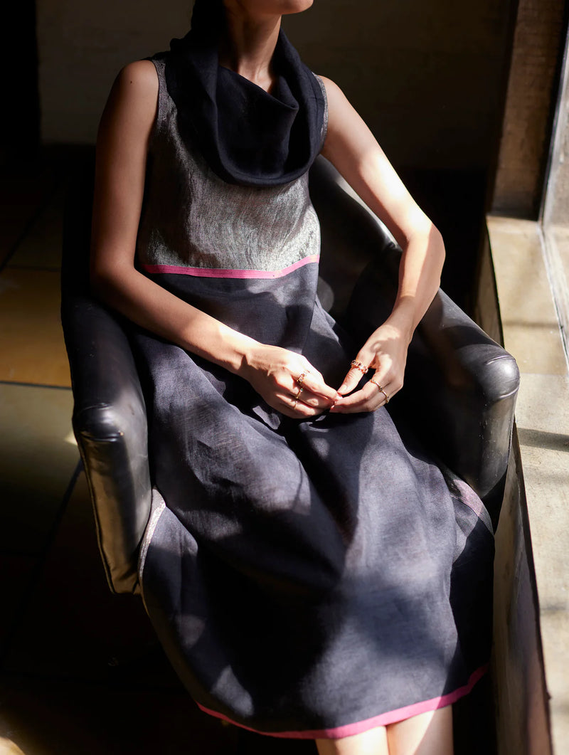Shira Cowl Neck Dress - Black linen by Manan in black color for women in Singapore