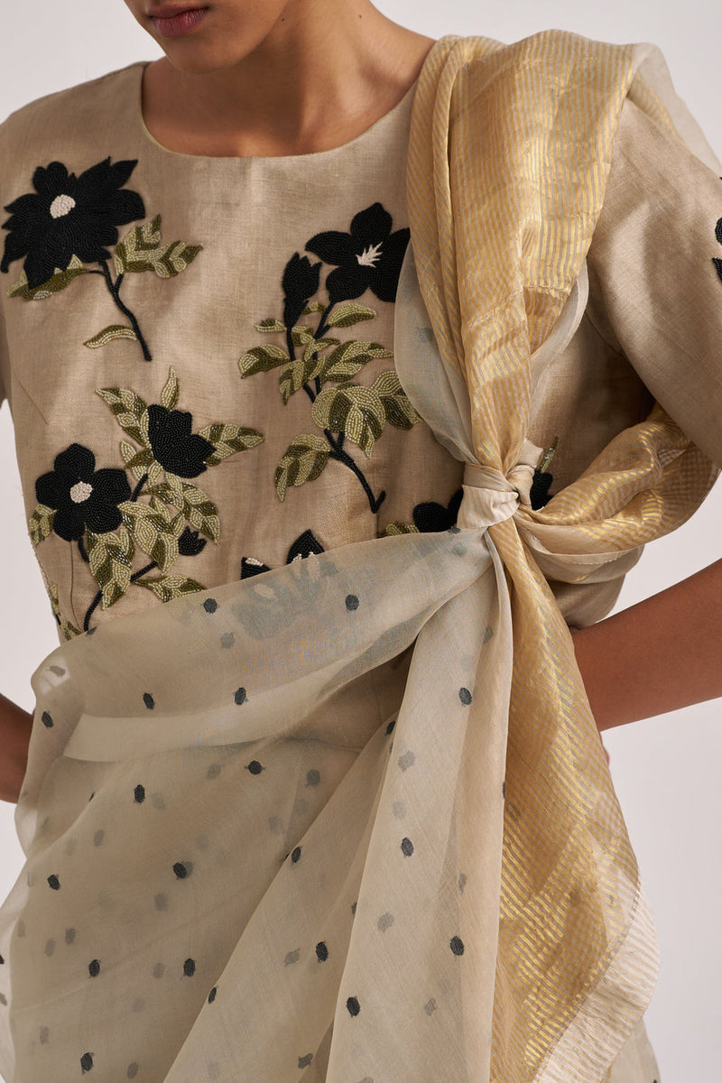 Bagaan Blouse-Khaki handwoven silk linen by Suparna Som in black for women in Singapore