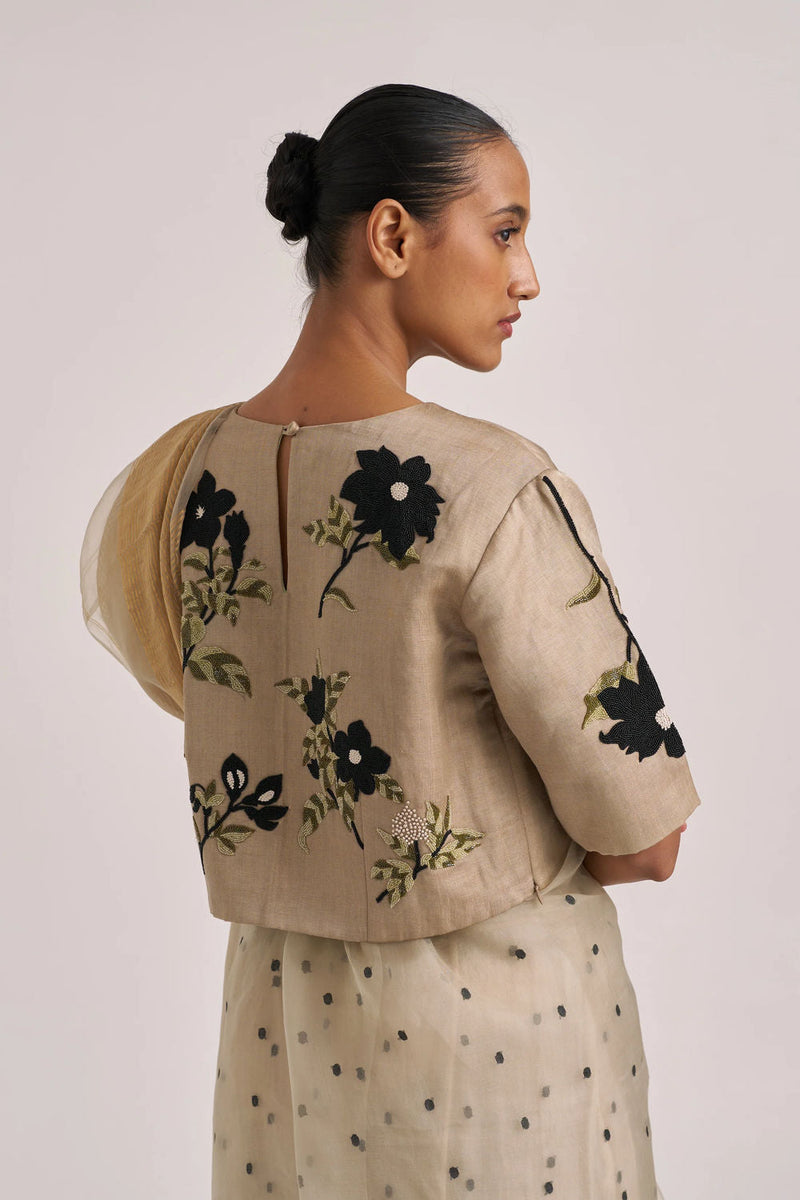 Bagaan Blouse-Khaki handwoven silk linen by Suparna Som in black for women in Singapore