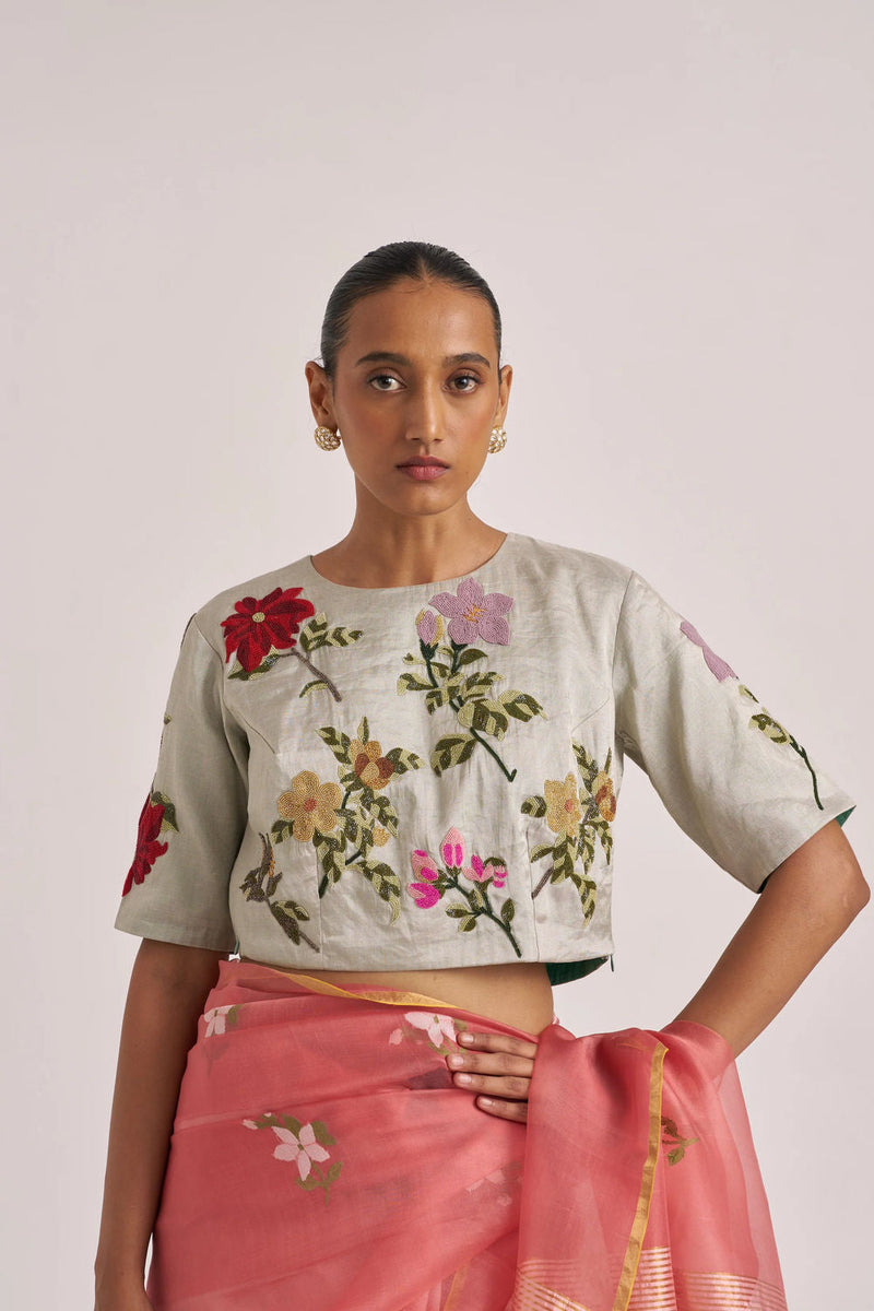 Bagaan Blouse-Silver handwoven zari by Suparna Som in silver for women in Singapore