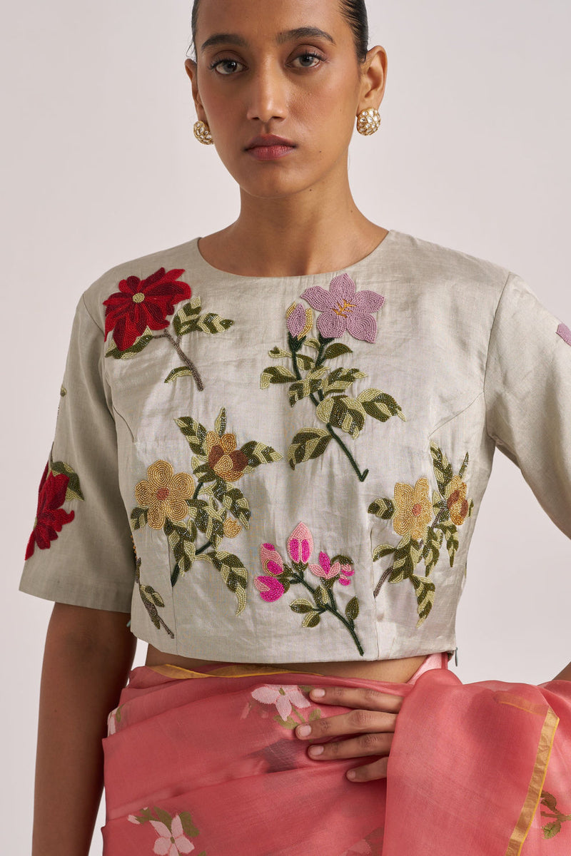 Bagaan Blouse-Silver handwoven zari by Suparna Som in silver for women in Singapore