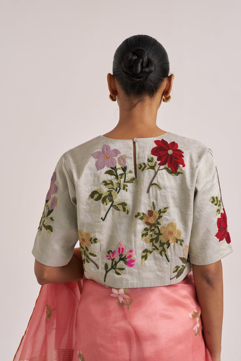 Bagaan Blouse-Silver handwoven zari by Suparna Som in silver for women in Singapore