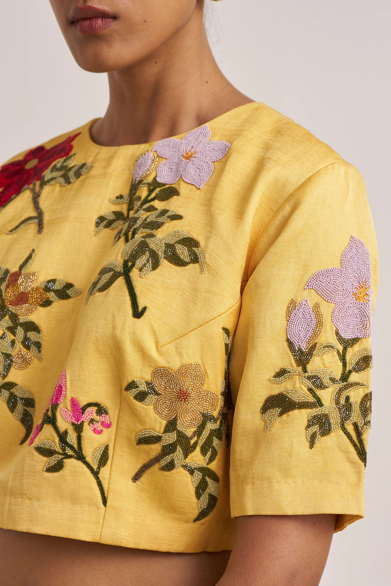 Bagaan Blouse-Yellow silk linen by Suparna Som in yellow for women in Singapore