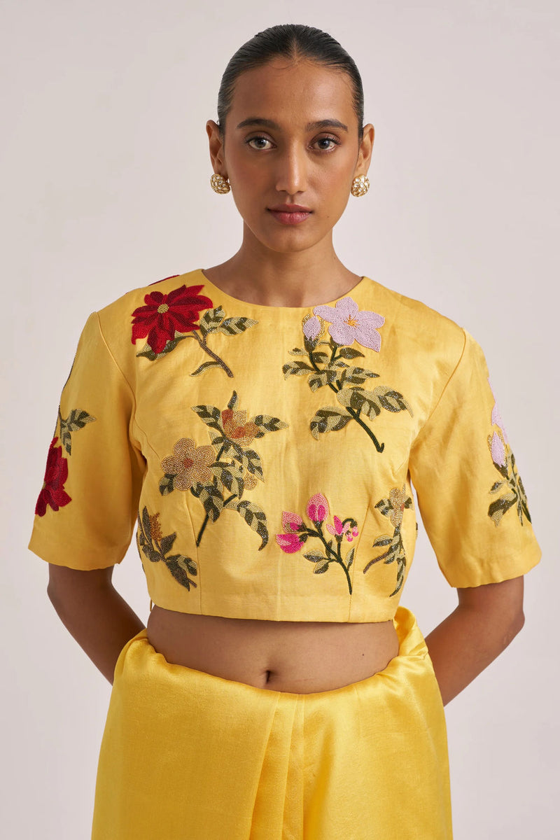 Bagaan Blouse-Yellow silk linen by Suparna Som in yellow for women in Singapore