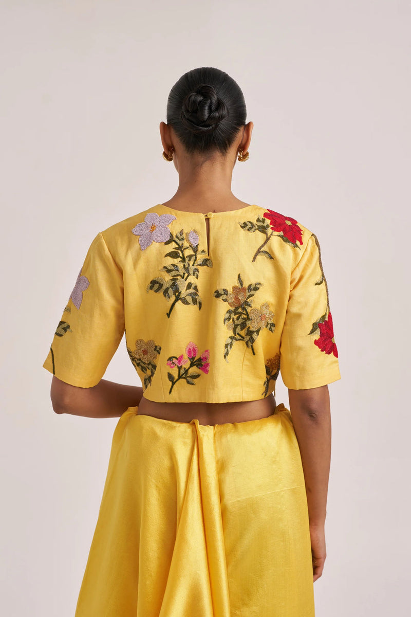 Bagaan Blouse-Yellow silk linen by Suparna Som in yellow for women in Singapore
