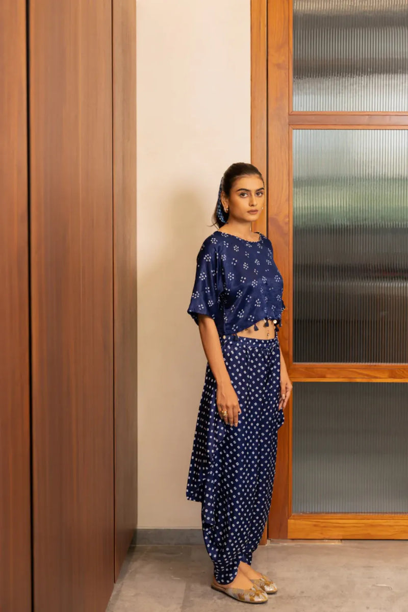 BANDHANI WRAP DHOTI-NAVY BLUE silk by Dyelogue in blue color for women in Singapore