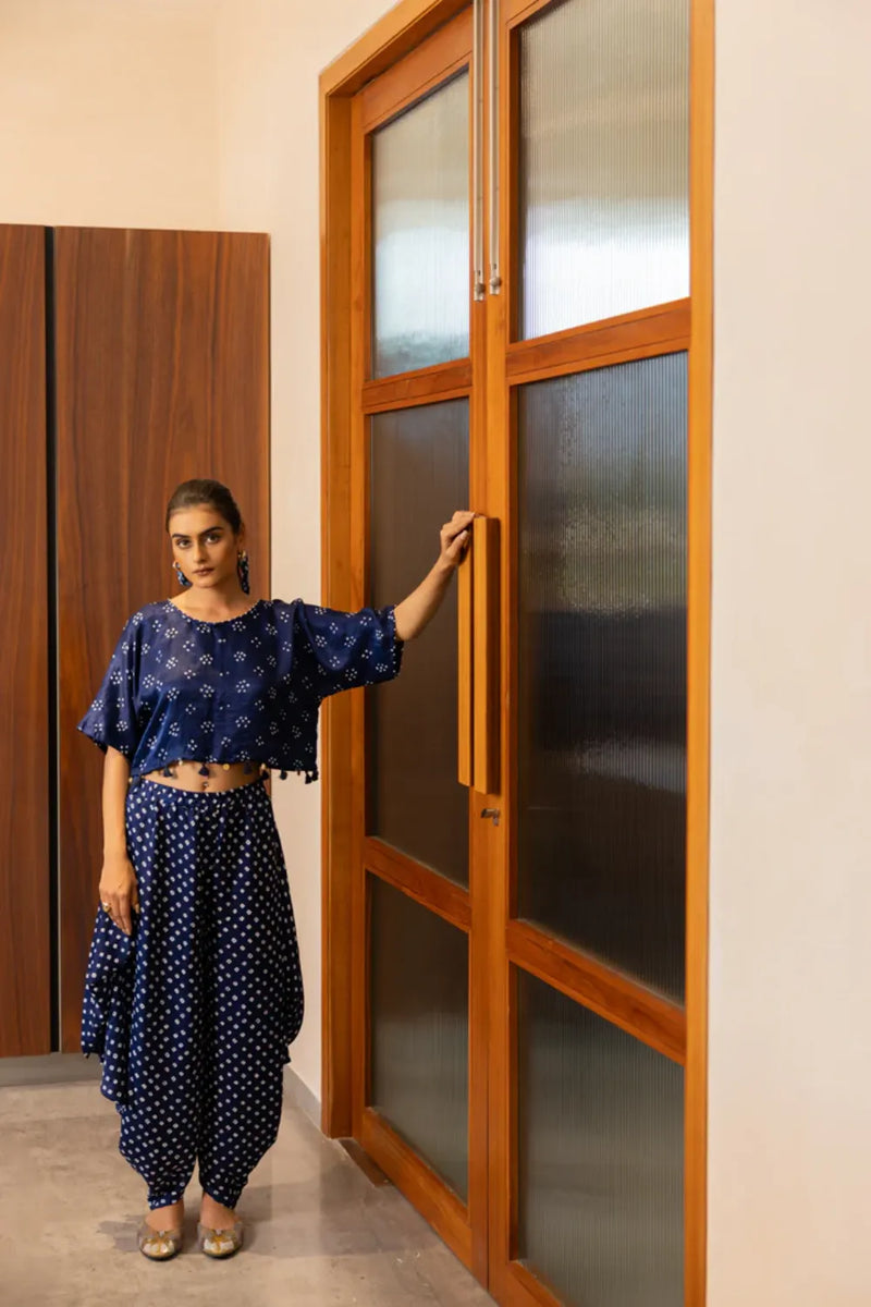 BANDHANI WRAP DHOTI-NAVY BLUE silk by Dyelogue in blue color for women in Singapore