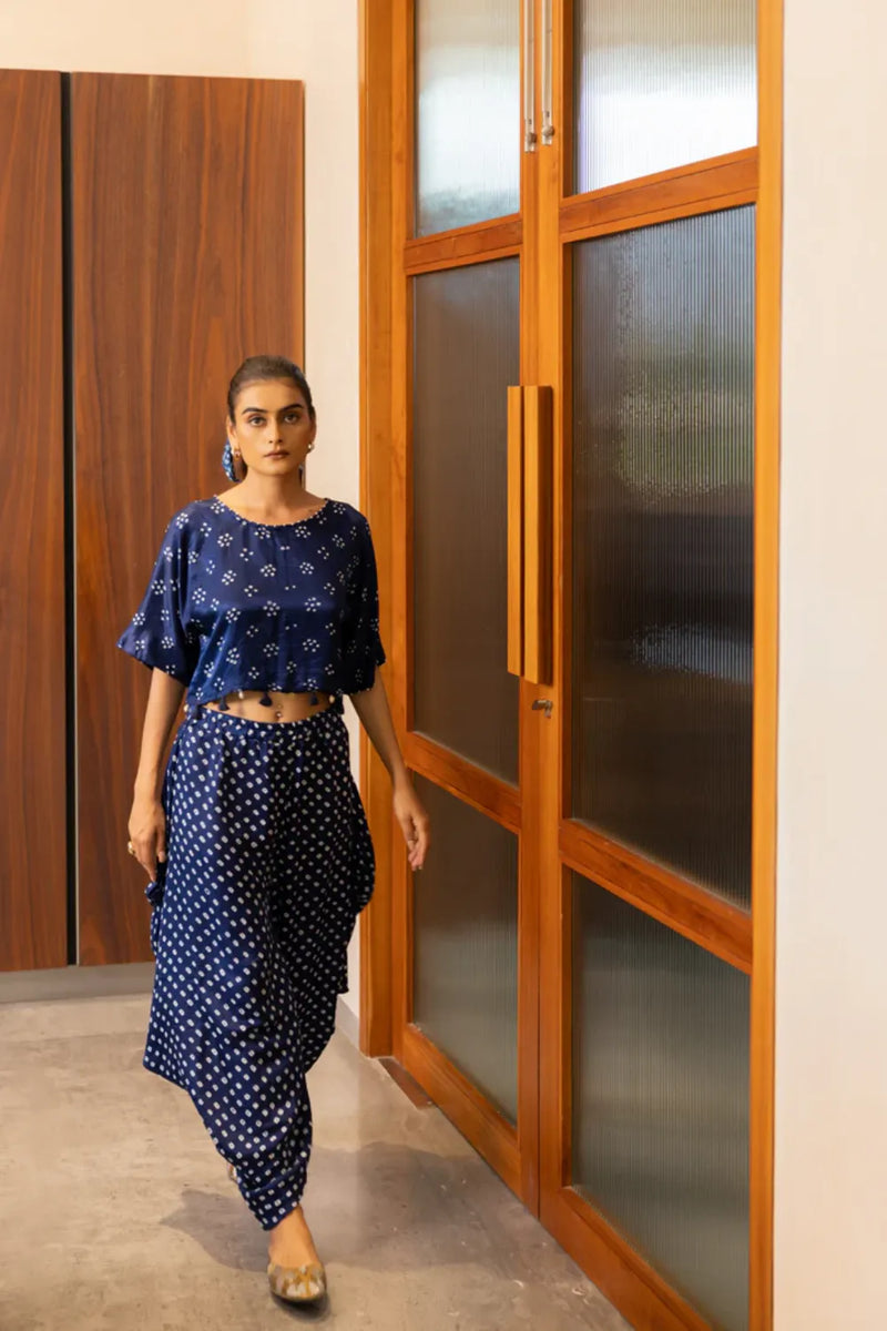 BANDHANI WRAP DHOTI-NAVY BLUE silk by Dyelogue in blue color for women in Singapore