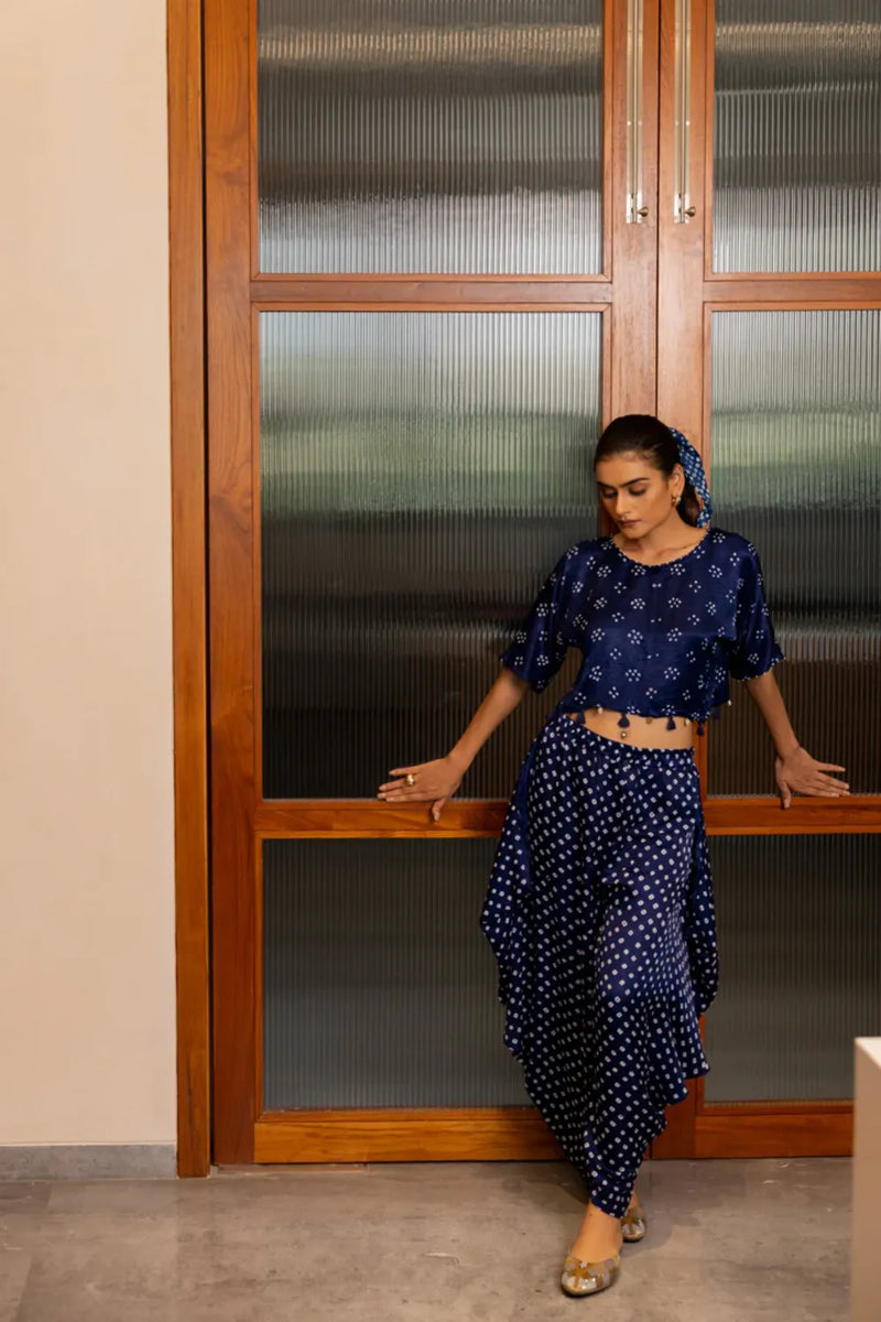 BANDHANI WRAP DHOTI-NAVY BLUE silk by Dyelogue in blue color for women in Singapore