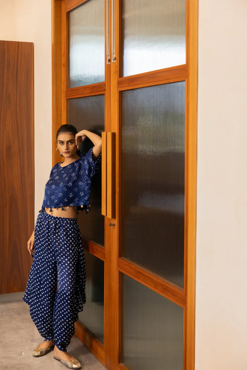 BANDHANI WRAP DHOTI-NAVY BLUE silk by Dyelogue in blue color for women in Singapore