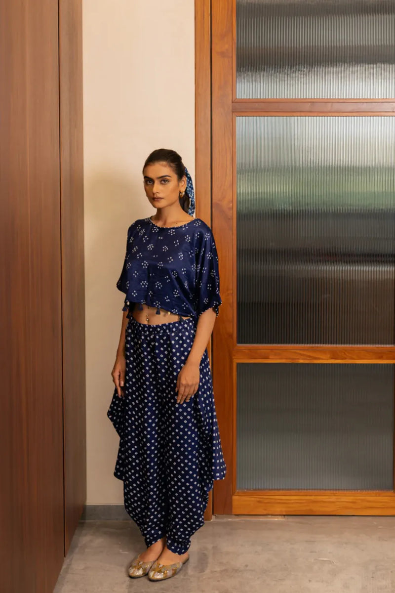 BANDHANI WRAP DHOTI-NAVY BLUE silk by Dyelogue in blue color for women in Singapore