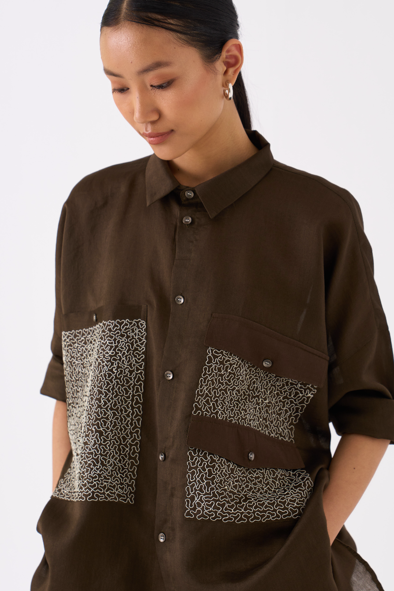 PATCH POCKET SHIRT CO-ORD
(SET OF 2)-DARK OLIVE poplin by THREE in olive color for women in Singapore