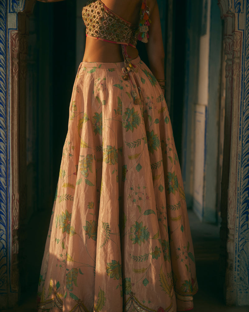 Khel Nude Pink Printed Lehenga silk by Rajiramniq in pink color for women in Singapore