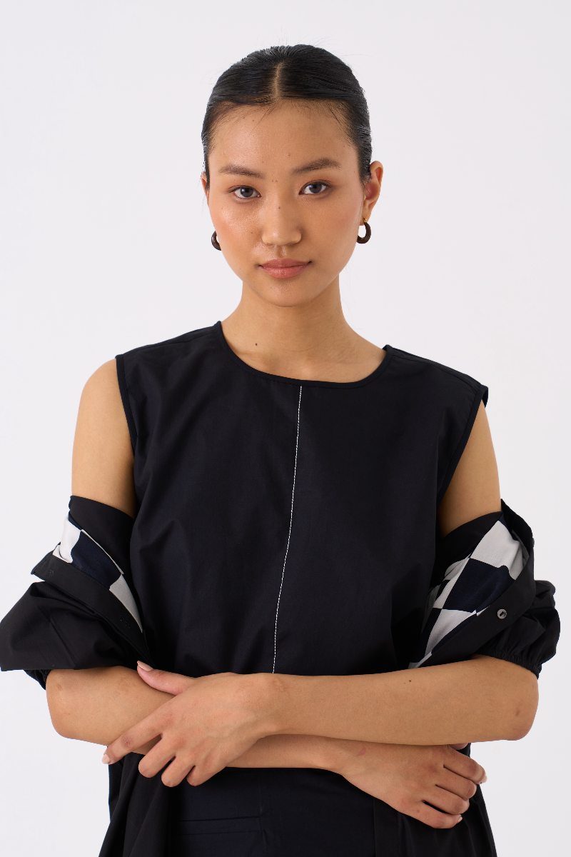 BACK YOKE JACKET CO-ORD 
(SET OF 3)-BLACK poplin by THREE in black color for women in Singapore