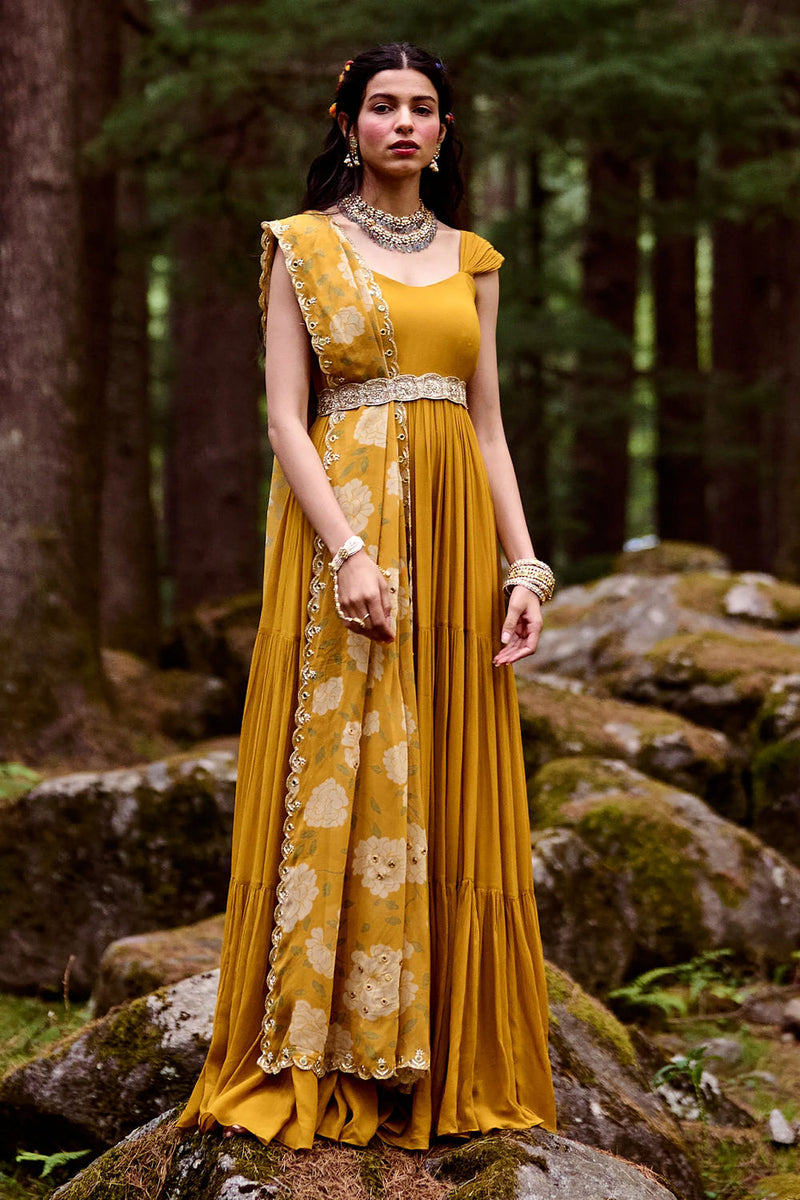 Belinda Maxi Set georgettte by Paulmi & Harsh-kahan Sep'26 in yellow for women in Singapore