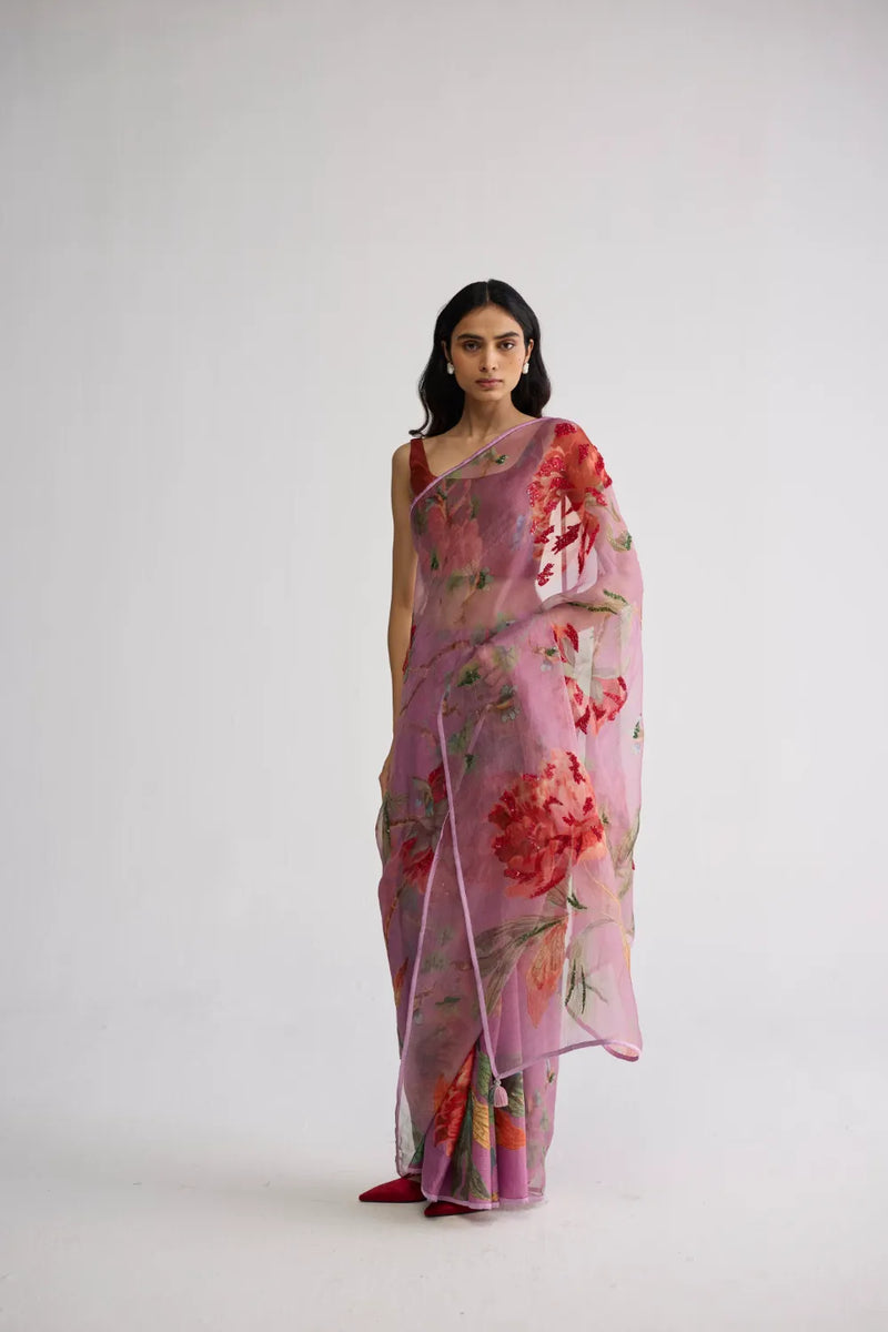 BERRY EMBROIDERED SILK & ORGANZA SAREE silk & organza saree by YAM in purple for women in Singapore