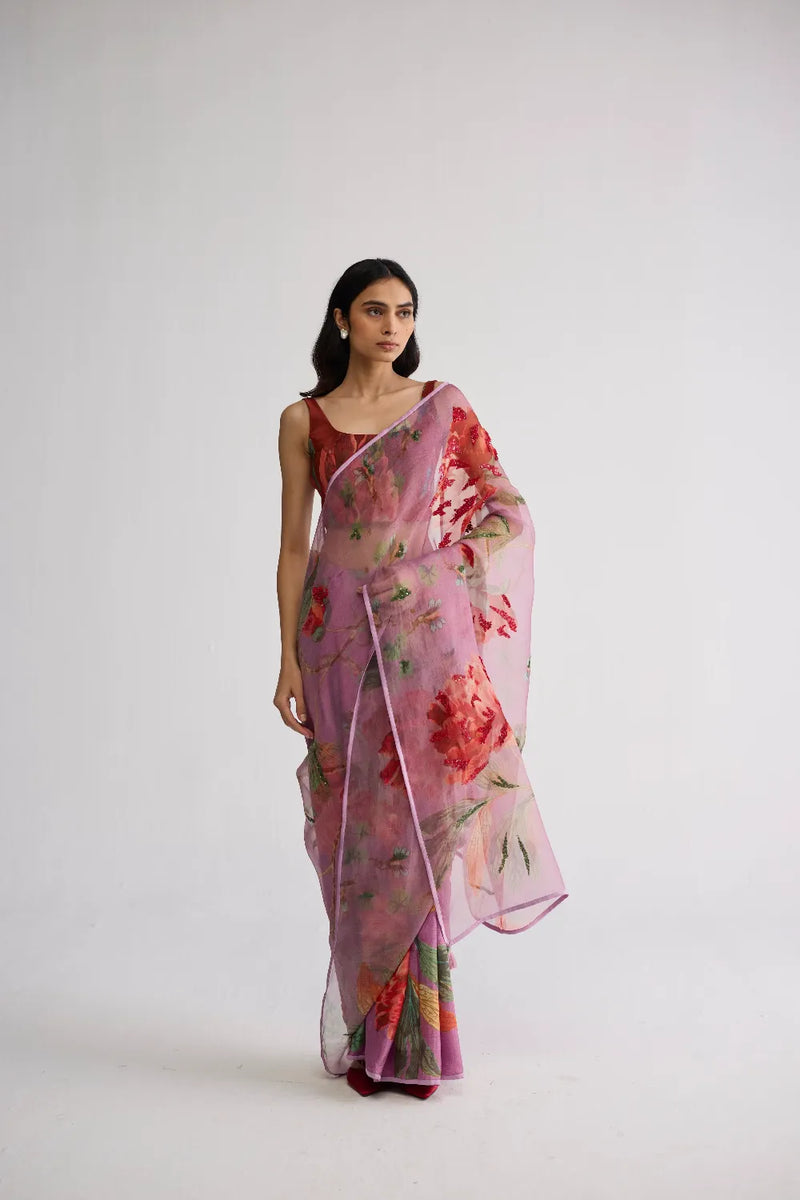 BERRY EMBROIDERED SILK & ORGANZA SAREE silk & organza saree by YAM in purple for women in Singapore