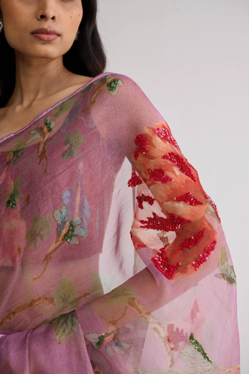 BERRY EMBROIDERED SILK & ORGANZA SAREE silk & organza saree by YAM in purple for women in Singapore