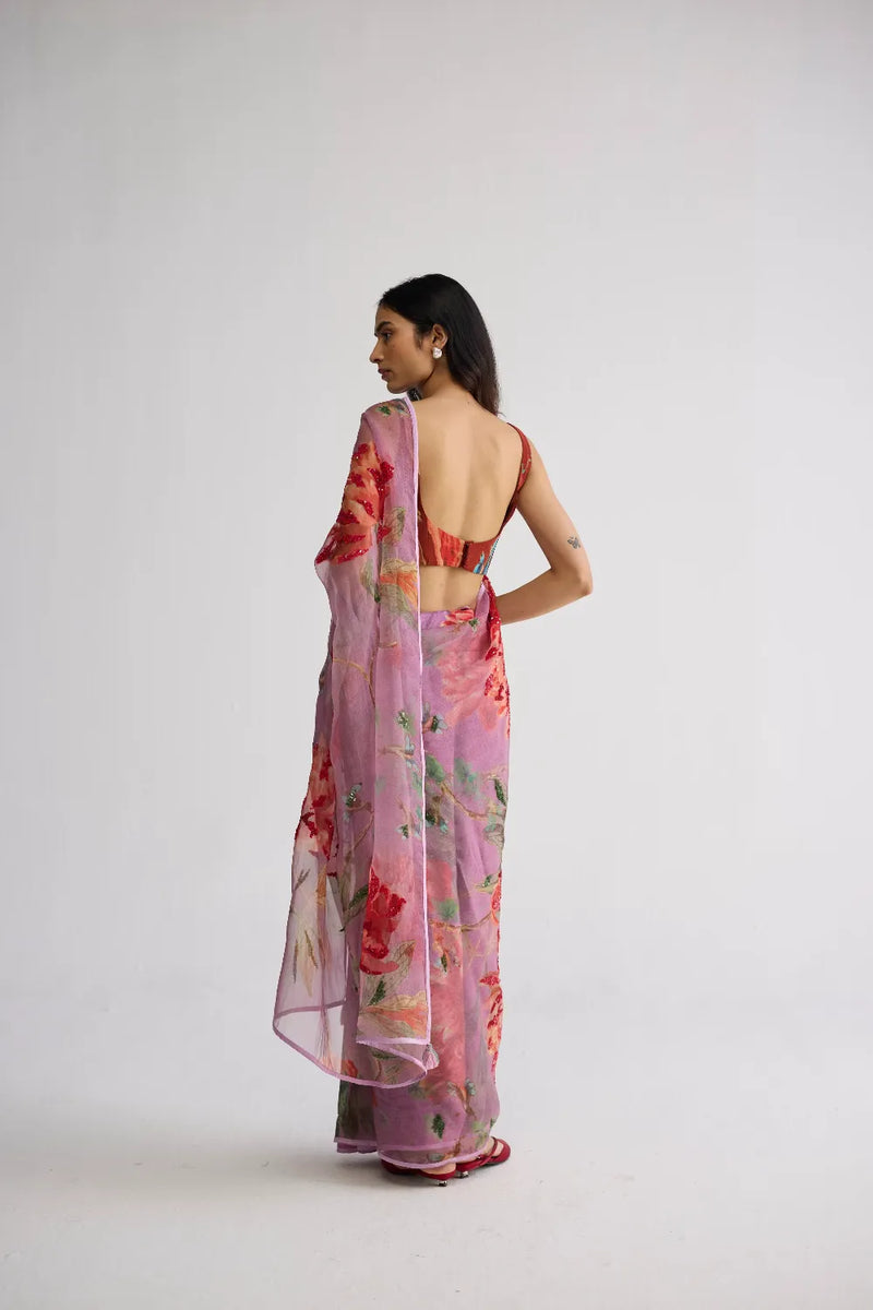 BERRY EMBROIDERED SILK & ORGANZA SAREE silk & organza saree by YAM in purple for women in Singapore