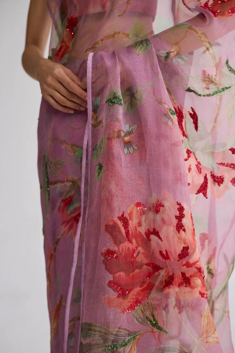 BERRY EMBROIDERED SILK & ORGANZA SAREE silk & organza saree by YAM in purple for women in Singapore