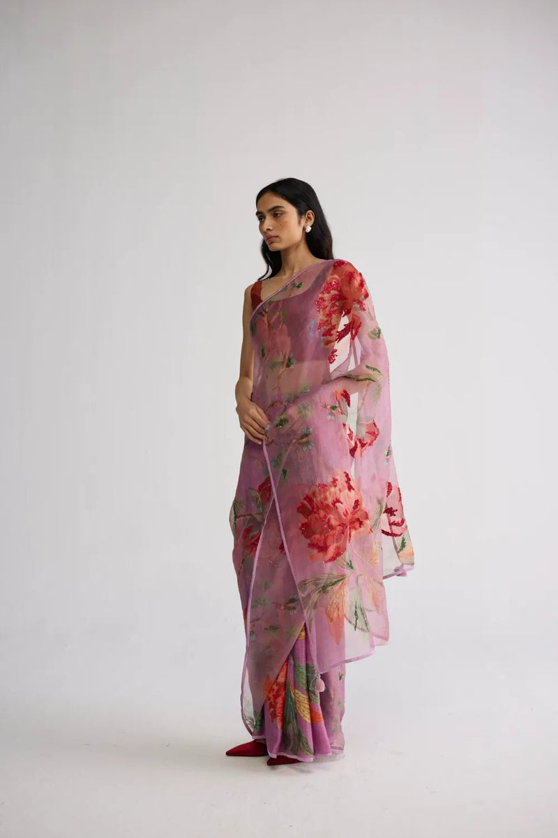 BERRY EMBROIDERED SILK & ORGANZA SAREE silk & organza saree by YAM in purple for women in Singapore