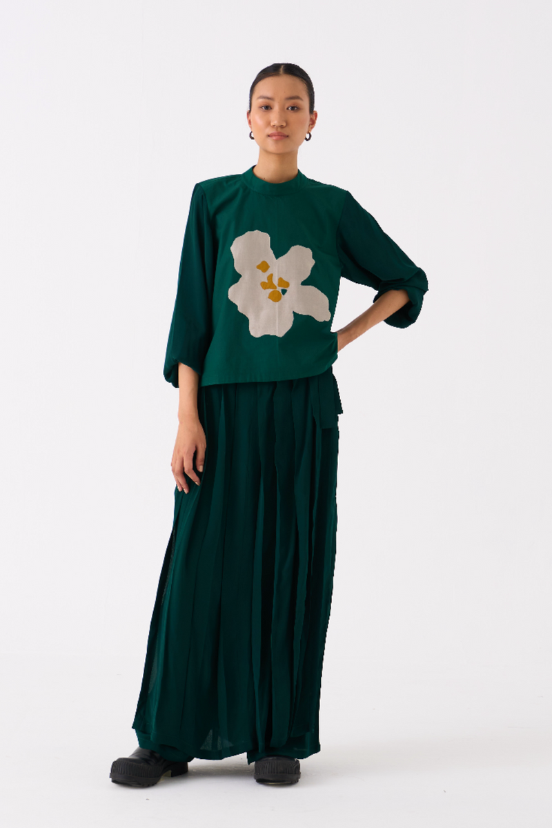 FLORAL APPLIQUE TOP CO-ORD 
(SET OF 2)-DARK GREEN poplin by THREE in green color for women in Singapore