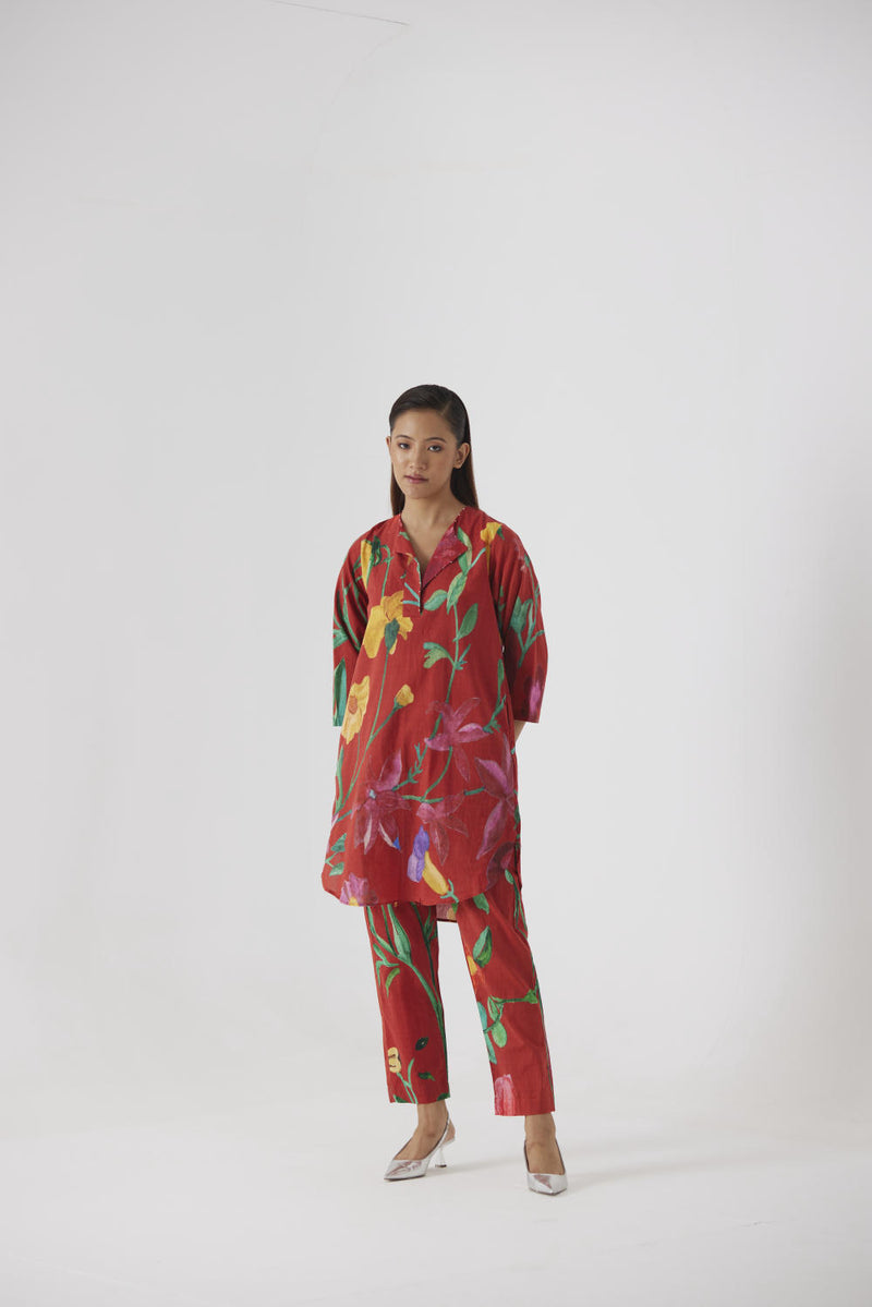 BIG BOTANICAL RED SHORT KURTA SET cotton by Yam in red color for women in Singapore