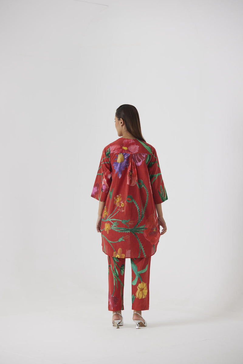 BIG BOTANICAL RED SHORT KURTA SET cotton by Yam in red color for women in Singapore