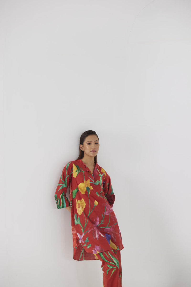 BIG BOTANICAL RED SHORT KURTA SET cotton by Yam in red color for women in Singapore