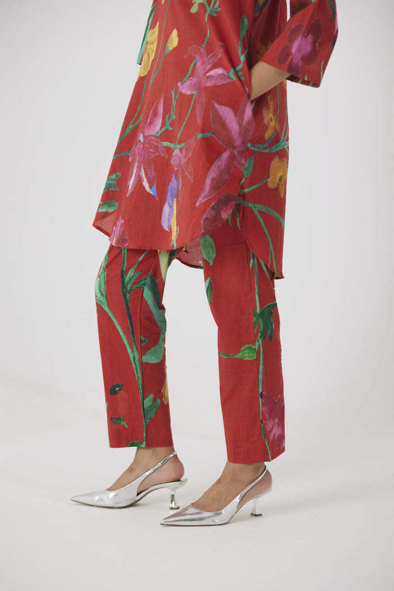 BIG BOTANICAL RED SHORT KURTA SET cotton by Yam in red color for women in Singapore