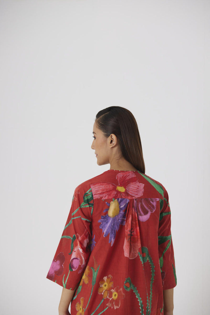 BIG BOTANICAL RED SHORT KURTA SET cotton by Yam in red color for women in Singapore