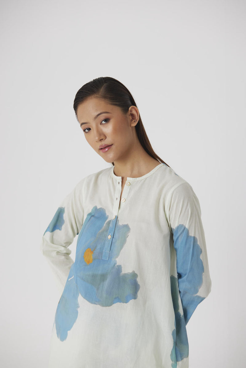 BLUE POPPIES SHORT KURTA SET cotton by Yam in white color for women in Singapore
