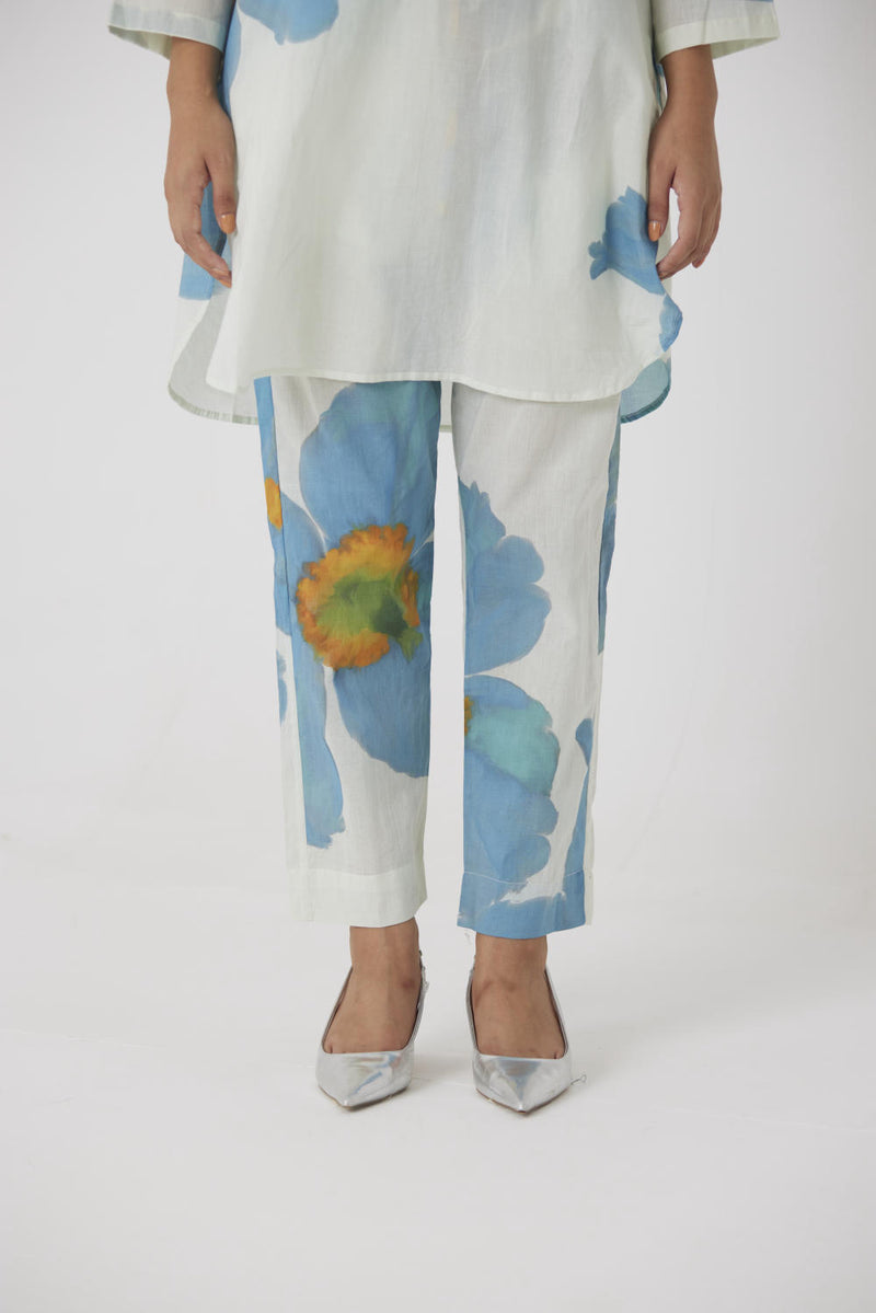 BLUE POPPIES SHORT KURTA SET cotton by Yam in white color for women in Singapore