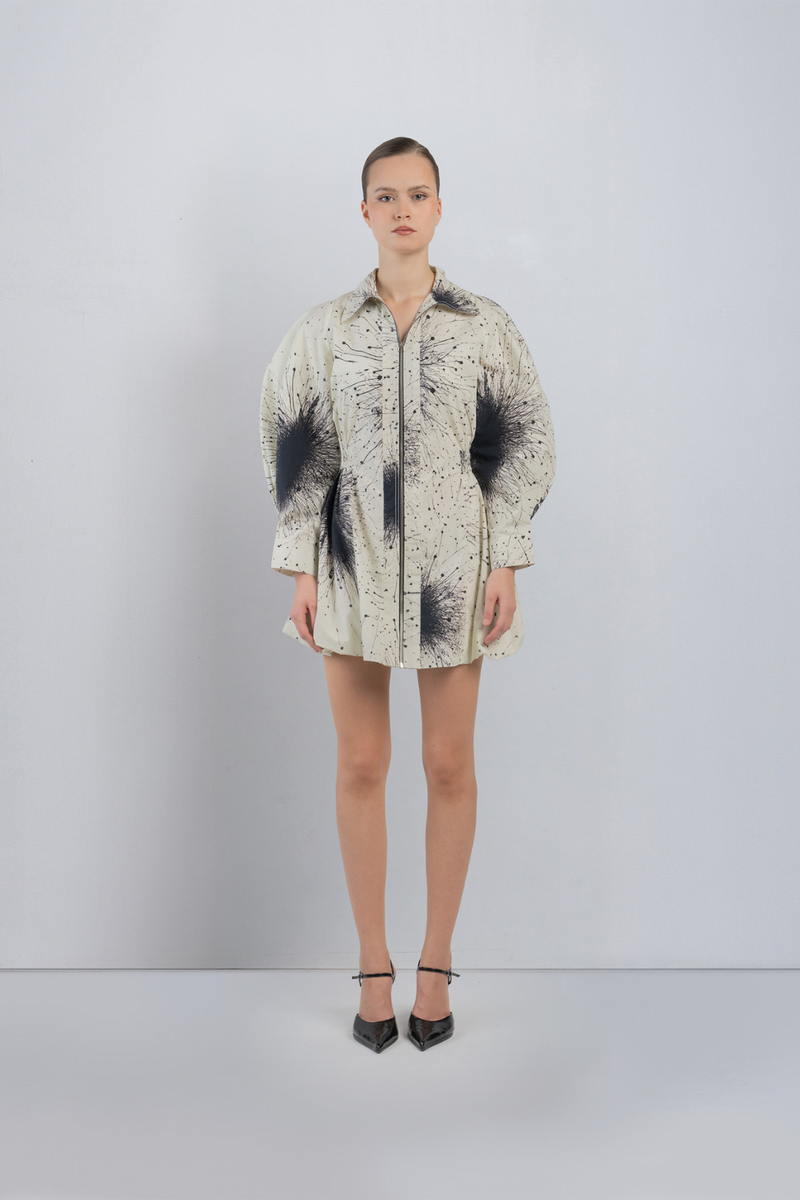 BUBBLE HEM DRESS IN SPLATTER PRINT - Black + Ivory dress by Leh Studios in black for women in Singapore