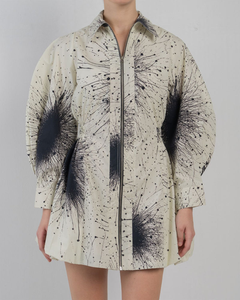BUBBLE HEM DRESS IN SPLATTER PRINT - Black + Ivory dress by Leh Studios in black for women in Singapore