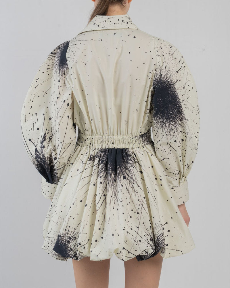 BUBBLE HEM DRESS IN SPLATTER PRINT - Black + Ivory dress by Leh Studios in black for women in Singapore