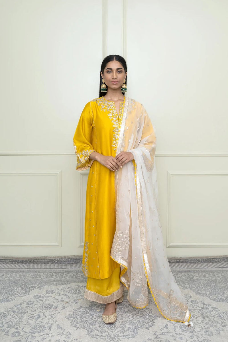 Baarizah Chauga with palazzo and dupatta-Glaze Mustard & Daisy Ivory silk by SHEETAL BATRA in mustard color for women in Singapore