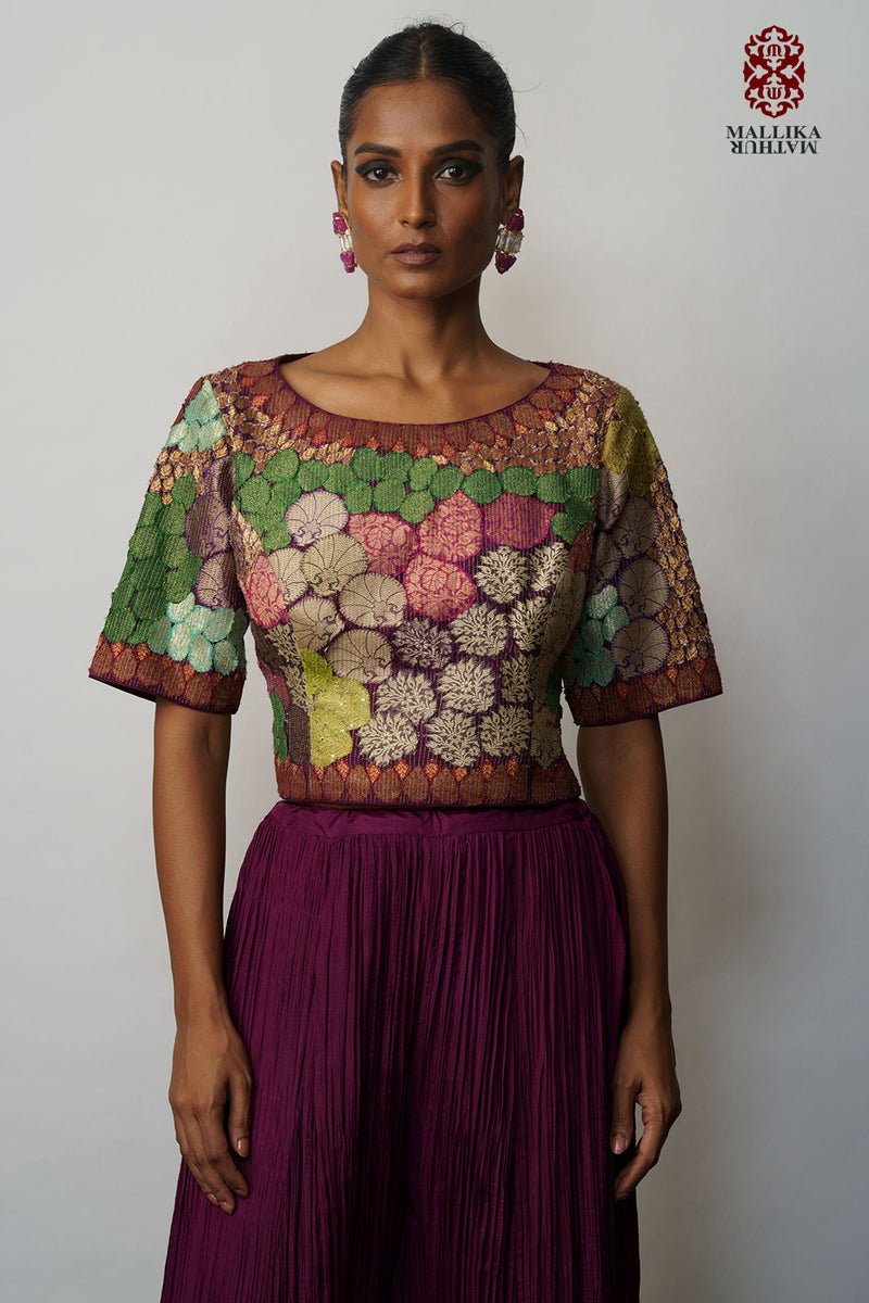 Banaras Bloom crop top applique aubergine silk Buy Banaras Bloom crop top applique aubergine from C&W | for Women by Mallika Mathur for women in Singapore