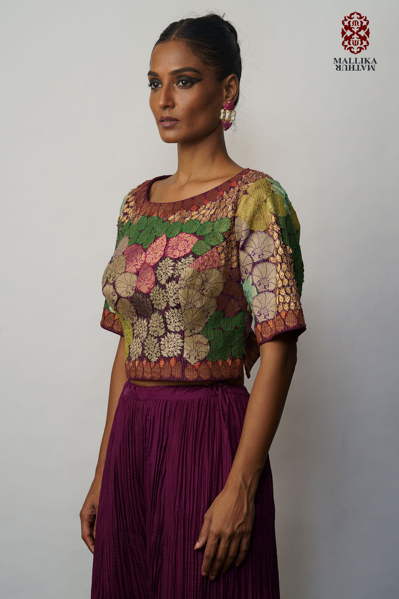 Banaras Bloom crop top applique aubergine silk Buy Banaras Bloom crop top applique aubergine from C&W | for Women by Mallika Mathur for women in Singapore