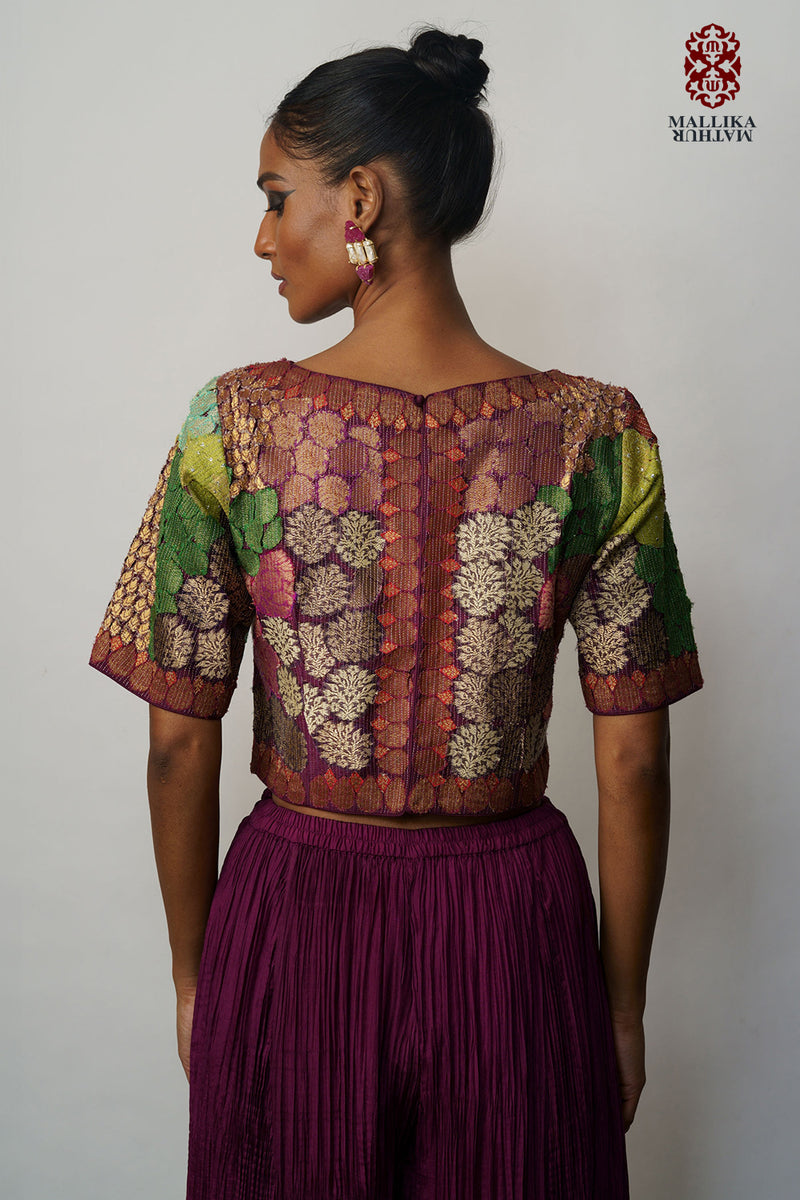 Banaras Bloom crop top applique aubergine silk Buy Banaras Bloom crop top applique aubergine from C&W | for Women by Mallika Mathur for women in Singapore