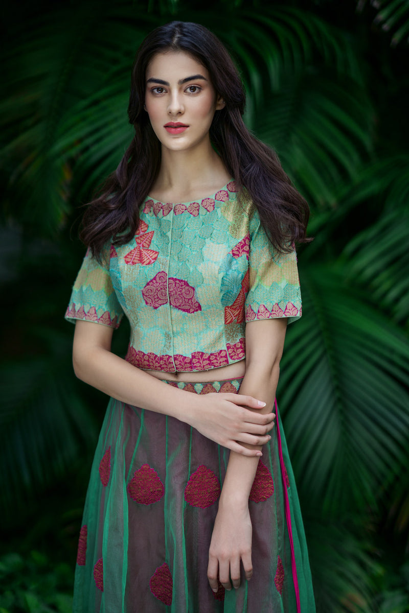Banaras Bloom crop top aquamarine silk Buy Banaras Bloom crop top aquamarine from C&W | for Women by Mallika Mathur for women in Singapore