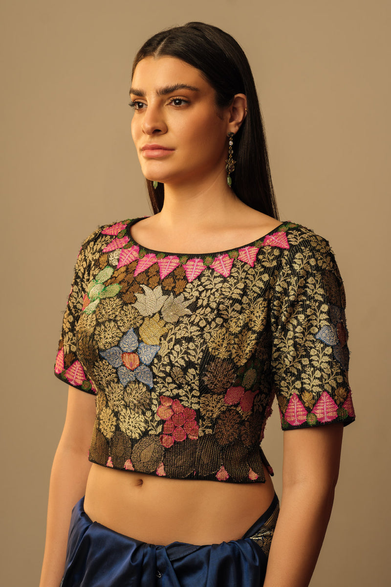 Banaras Bloom crop top black silk Buy Banaras Bloom crop top black from C&W | for Women by Mallika Mathur in black color for women in Singapore