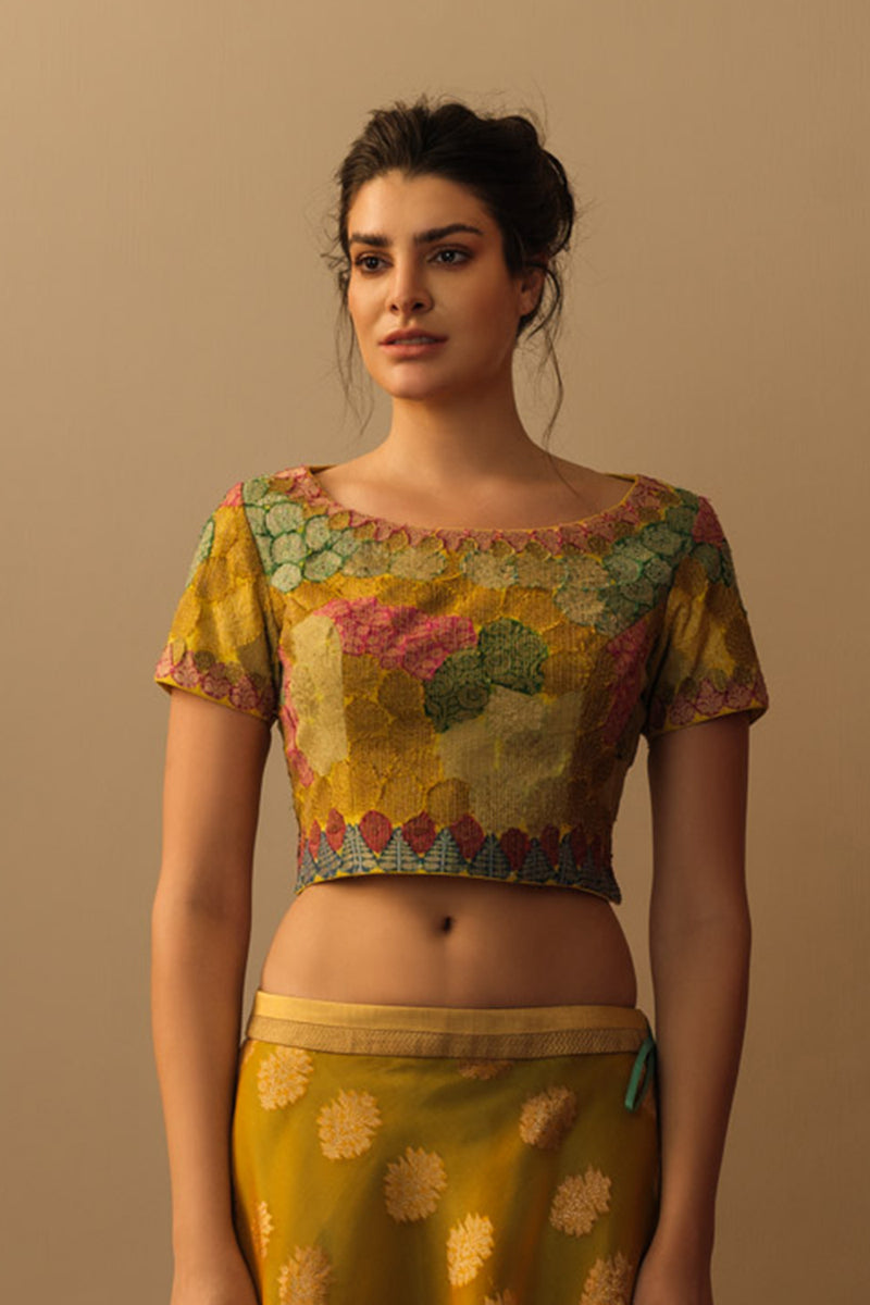 Banaras Bloom crop top marigold yellow silk Buy Banaras Bloom crop top marigold yellow from C&W | for Women by Mallika Mathur in yellow color for women in Singapore