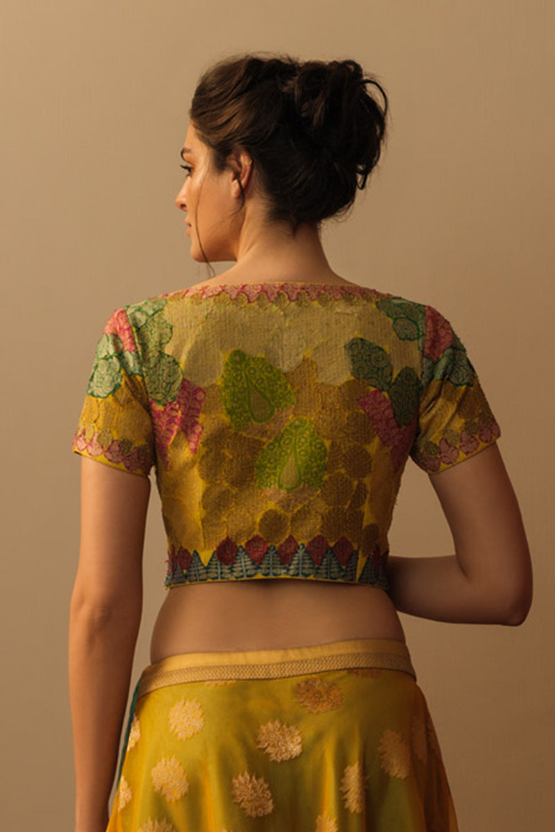 Banaras Bloom crop top marigold yellow silk Buy Banaras Bloom crop top marigold yellow from C&W | for Women by Mallika Mathur in yellow color for women in Singapore